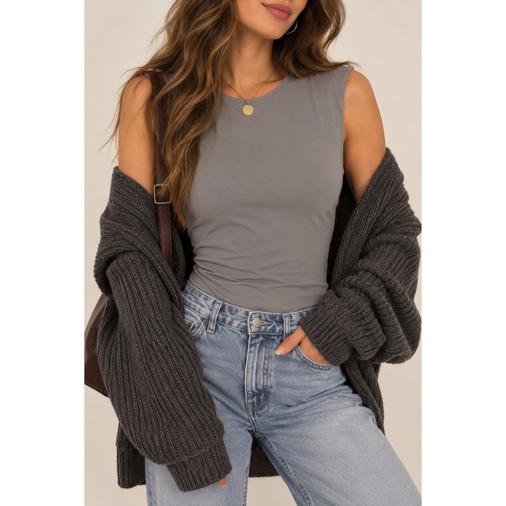 Abercrombie & Fitch Modal Blend Crew Neck Sleeveless Bodysuit Grey Large
